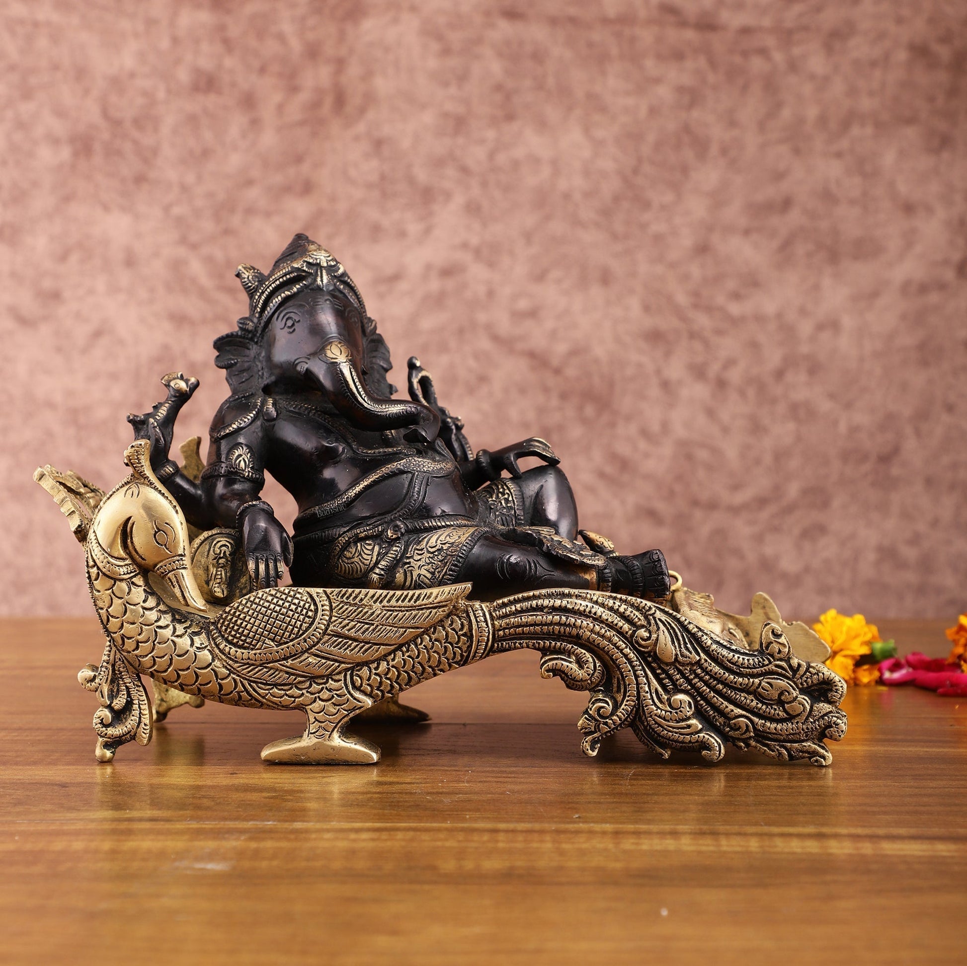 Black Gold Brass Lord Ganapathi Statue on Peacock Throne – 7.5" Exquisite Handcrafted Idol | 100% Certified Copper & Brass - Sama Homes Idol - Brass Sculpture - Eco-friendly - Sama Homes