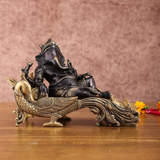 Black Gold Brass Lord Ganapathi Statue on Peacock Throne – 7.5" Exquisite Handcrafted Idol | 100% Certified Copper & Brass - Sama Homes Idol - Brass Sculpture