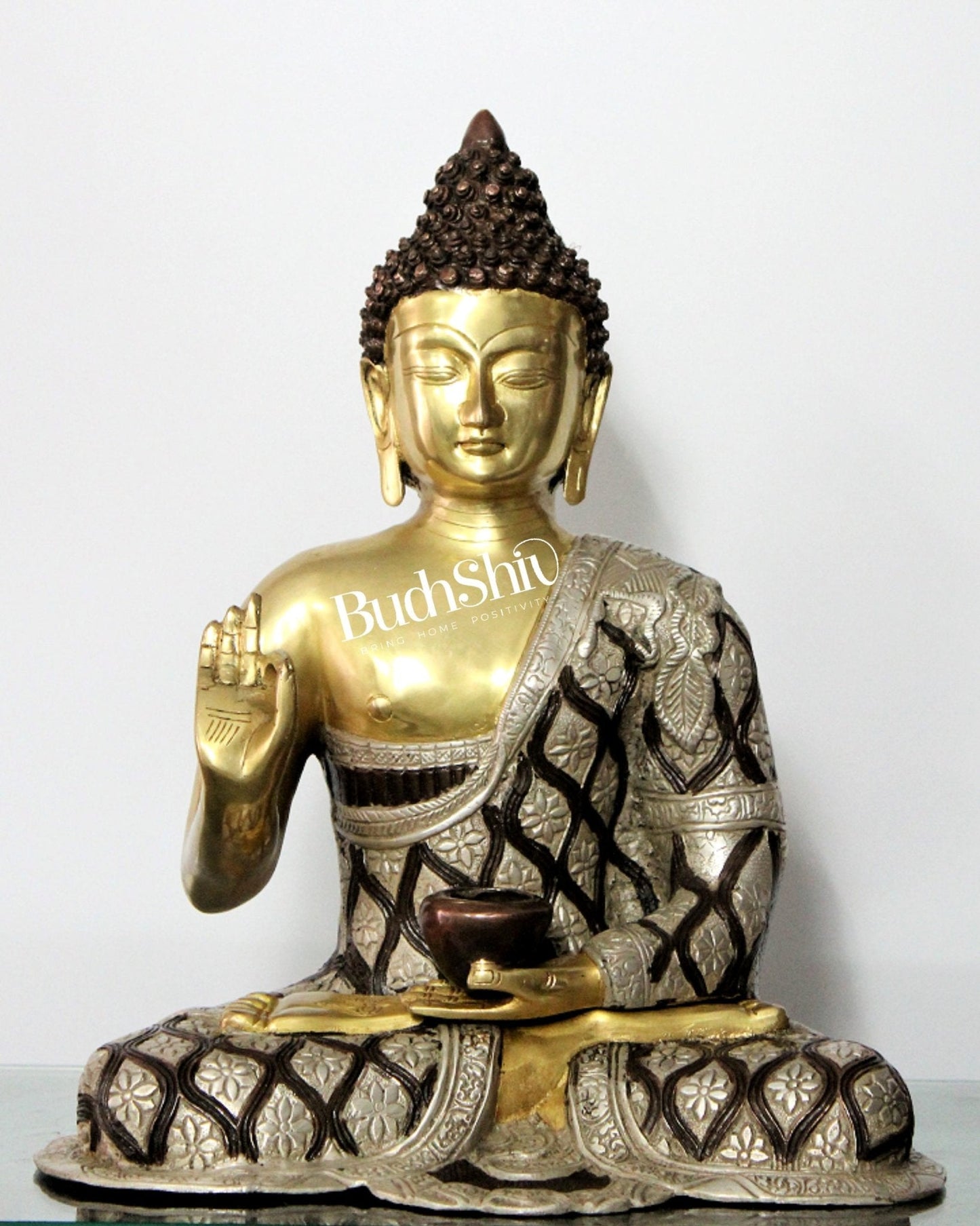 Image of Blessings and Healing: Buddha Brass Idol 17 inch | span Discover tranquility | Premium Brass & Wood Decor | Sama Homes