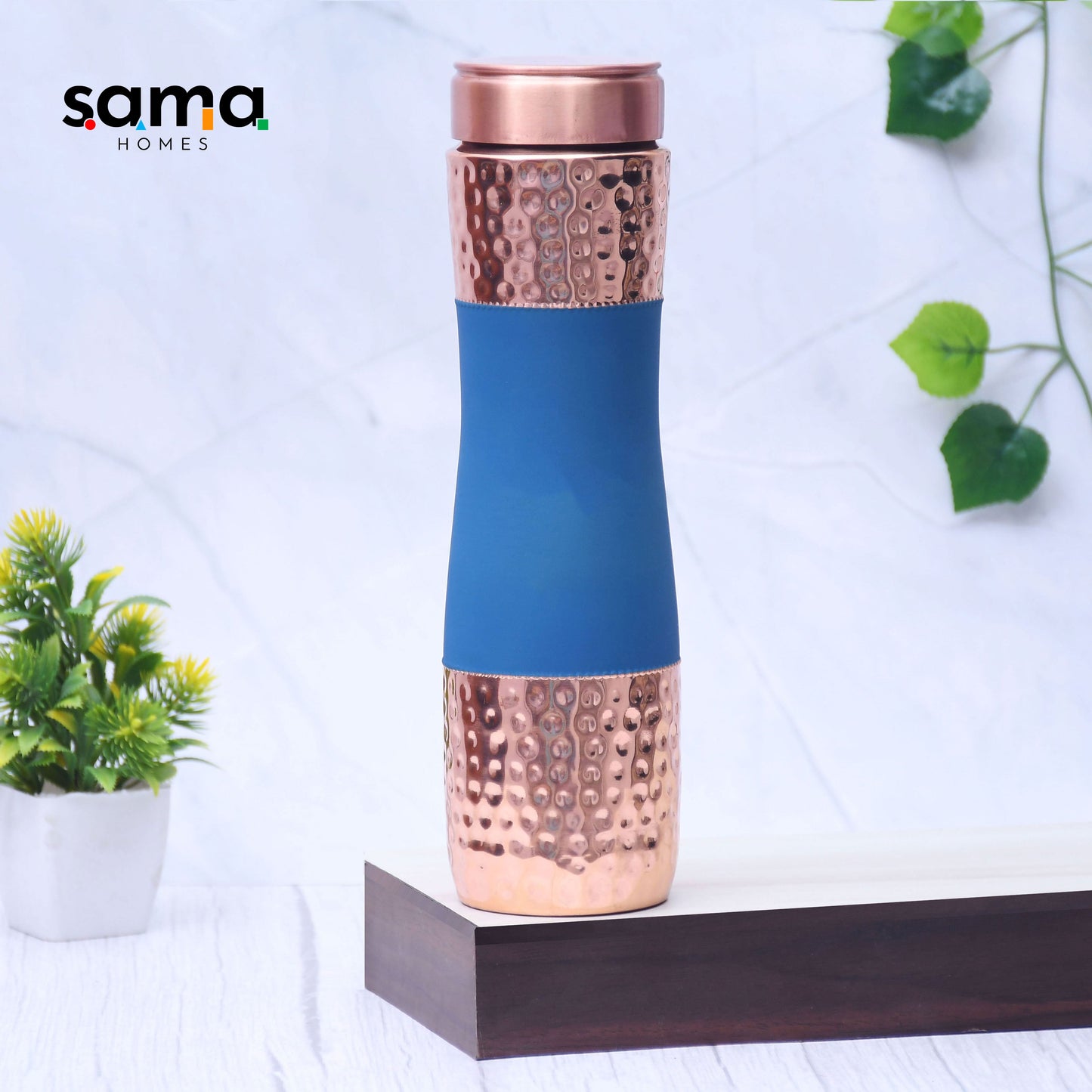 Pure Copper Water bottle Blue silk finish with Half hammered design