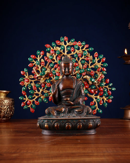 Brass Antique Finish Buddha & Handcrafted Kalpavriksha Tree | 100% Certified Copper & Brass - Sama Homes Idol - Brass Sculpture