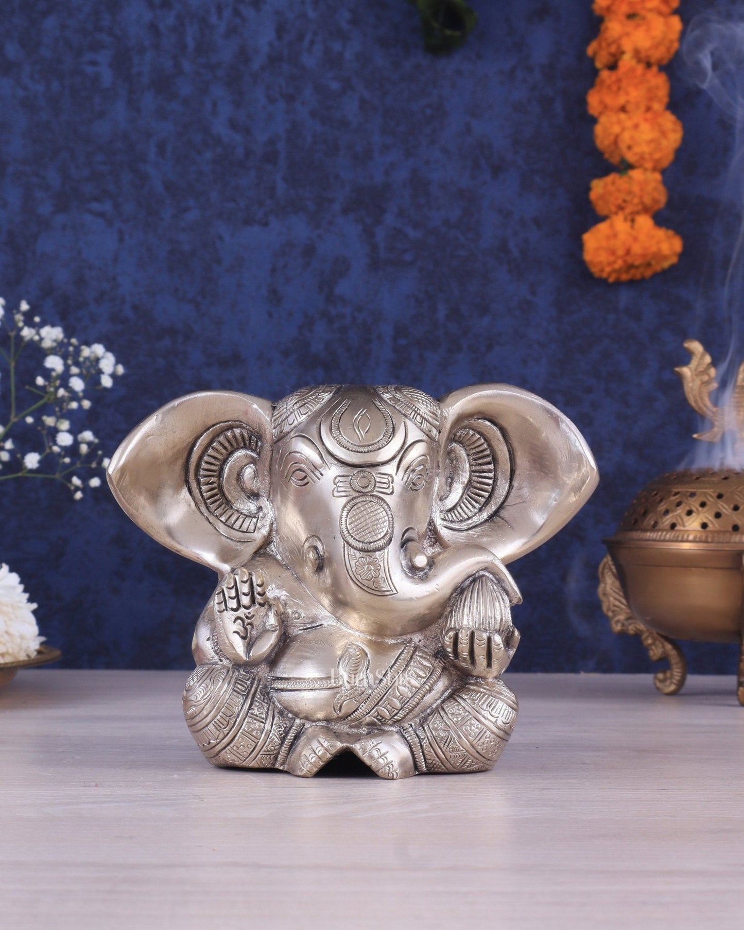 Brass Appu Ganesha Superfine Statue Big ears 6" silver plated | 100% Certified Copper & Brass - Sama Homes Idol - Brass Sculpture