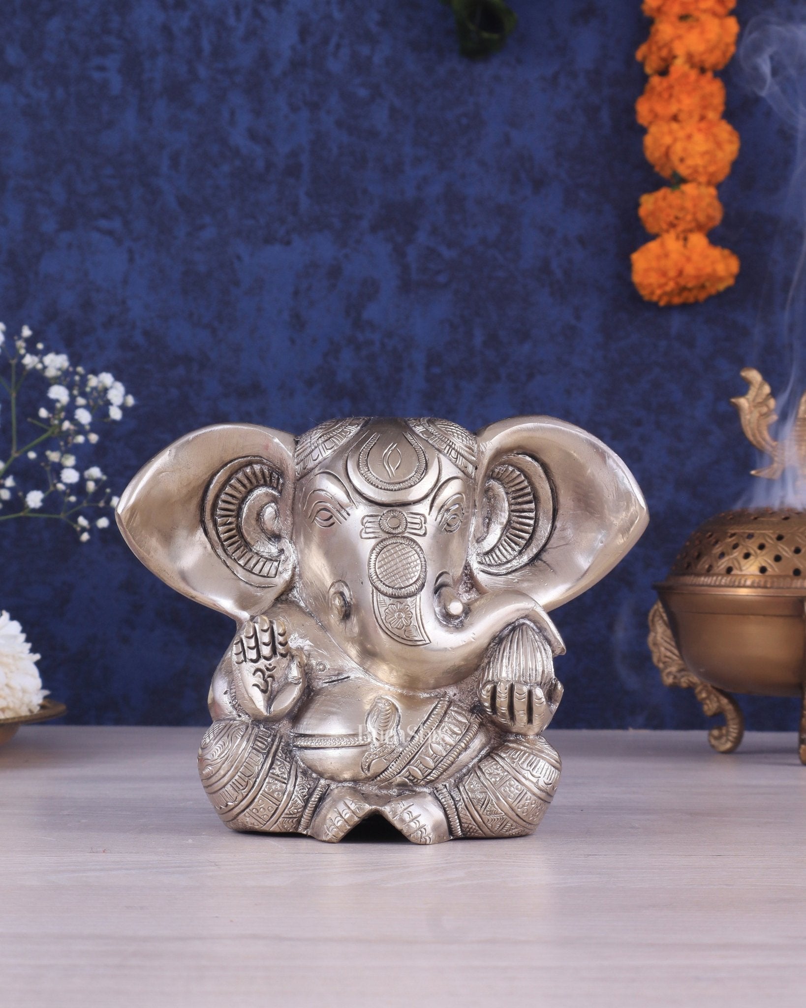 Brass Appu Ganesha Superfine Statue Big ears 6" silver plated | 100% Certified Copper & Brass - Sama Homes Idol - Brass Sculpture - Eco-friendly - Sama Homes