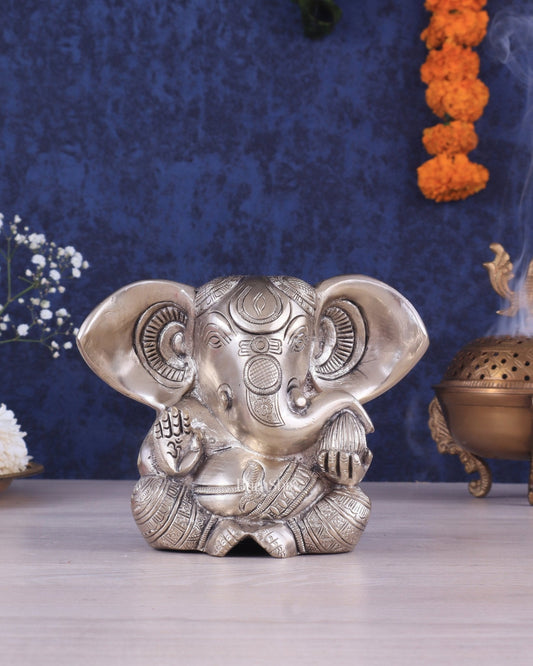 Brass Appu Ganesha Superfine Statue Big ears 6" silver plated | 100% Certified Copper & Brass - Sama Homes Idol - Brass Sculpture