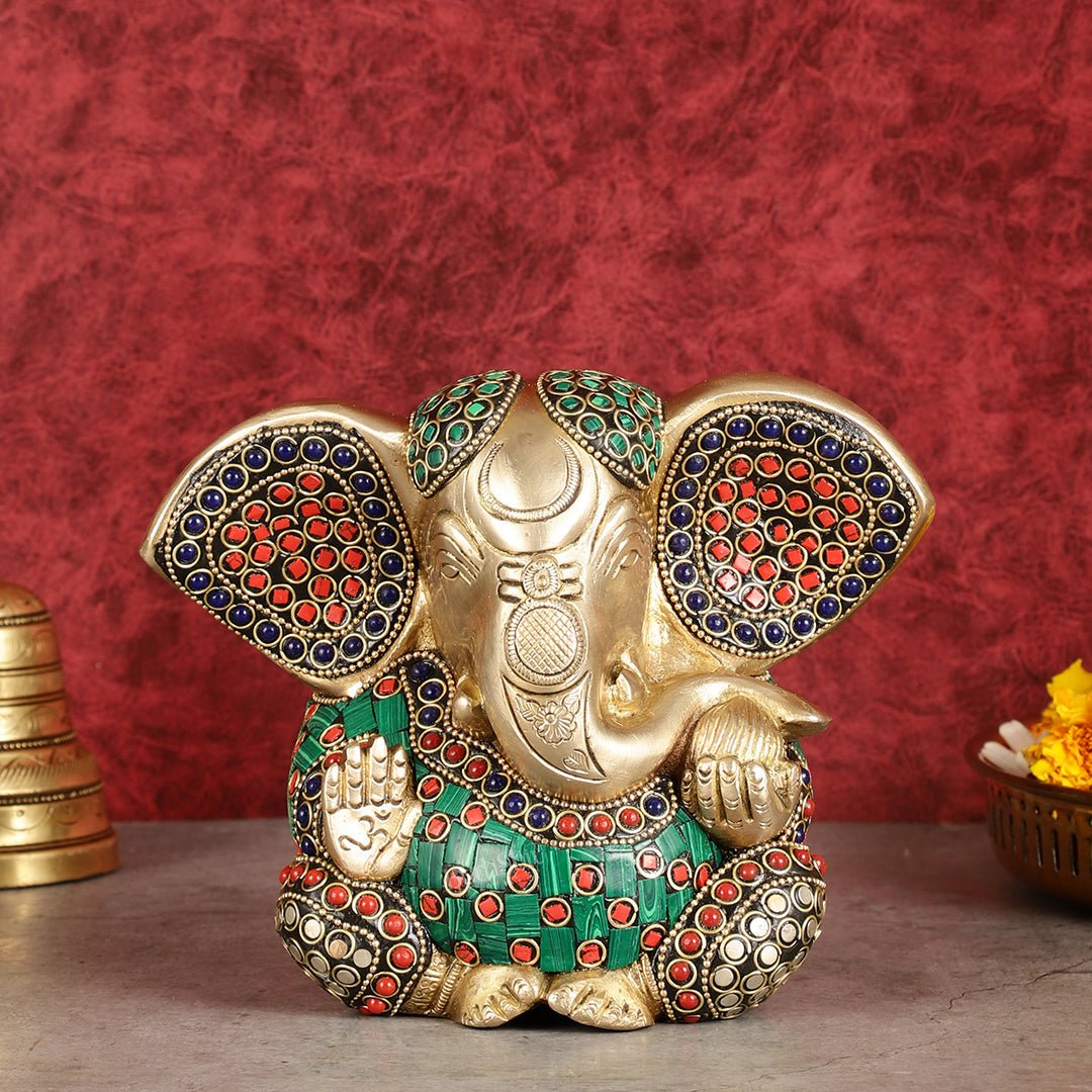 Brass Appu Ganesha Superfine Statue Big ears 6" with multicolour work | 100% Certified Copper & Brass - Sama Homes Idol - Brass Sculpture - Eco-friendly - Sama Homes