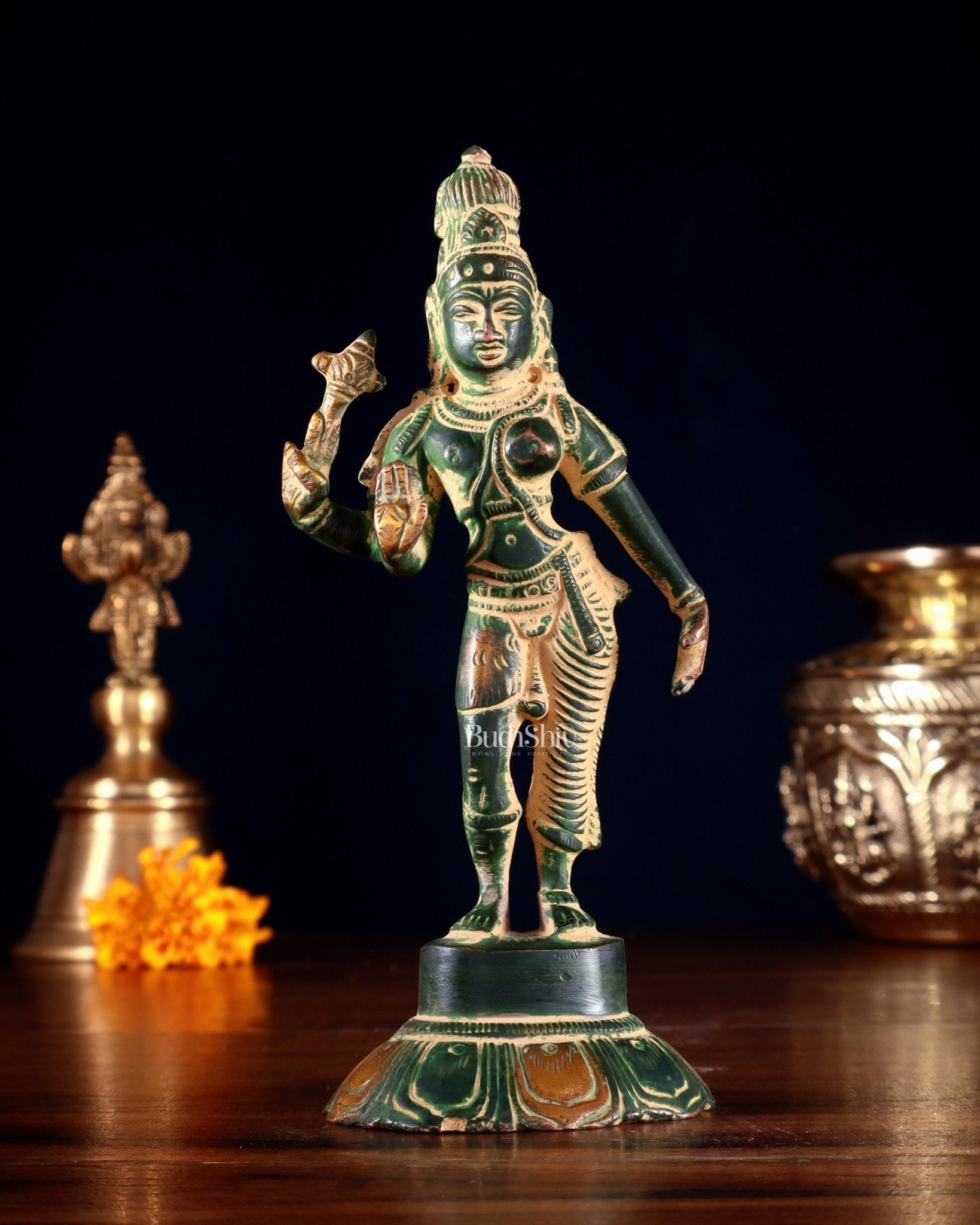 Brass Ardhanarishwara Idol – 6” | Green Sand tone | 100% Certified Copper & Brass - Sama Homes Idol - Brass Sculpture - Eco-friendly - Sama Homes