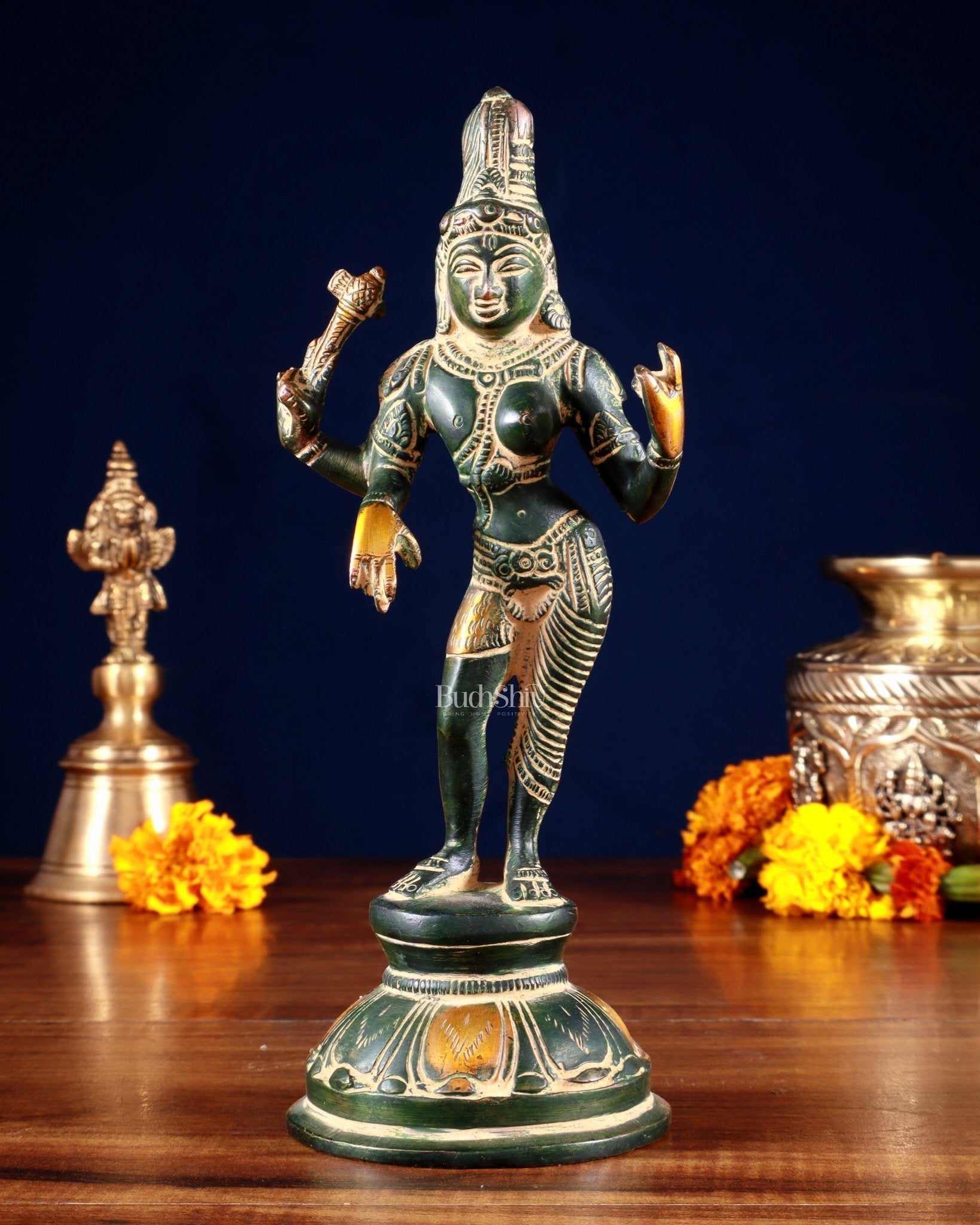 Brass Ardhanarishwara Idol – 8.5” | Green Sand tone | 100% Certified Copper & Brass - Sama Homes Idol - Brass Sculpture - Eco-friendly - Sama Homes