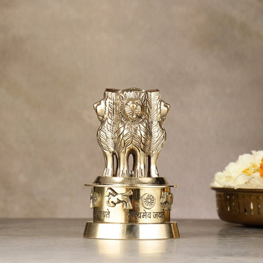 Brass Ashoka Lion Stambh Momento 6" | 100% Certified Copper & Brass - Sama Homes Idol - Brass Sculpture