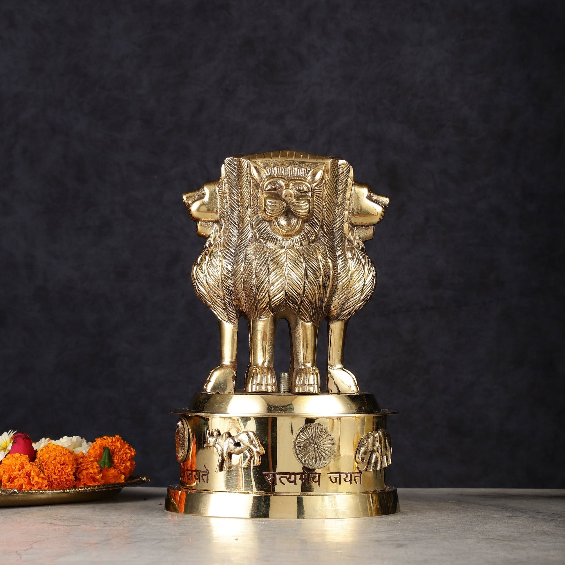 Brass Ashoka Lion Stambh Satyamev Jayate Momento Statue: 9.5" | 100% Certified Copper & Brass - Sama Homes Idol - Brass Sculpture - Eco-friendly - Sama Homes