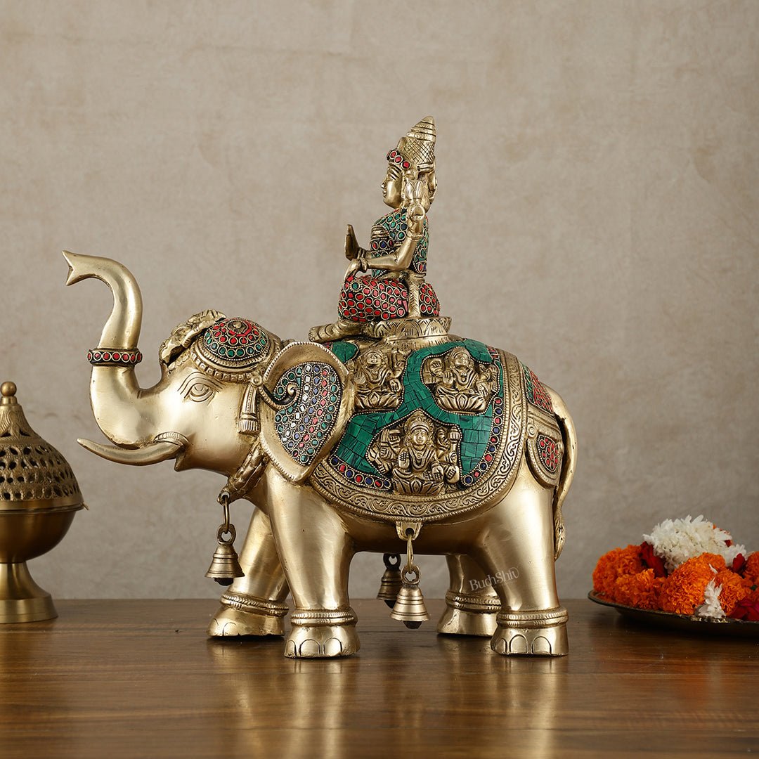 Brass Ashtalakshmi on Large Elephant - 15" | Stonework | 100% Certified Copper & Brass - Sama Homes Idol - Brass Sculpture - Eco-friendly - Sama Homes