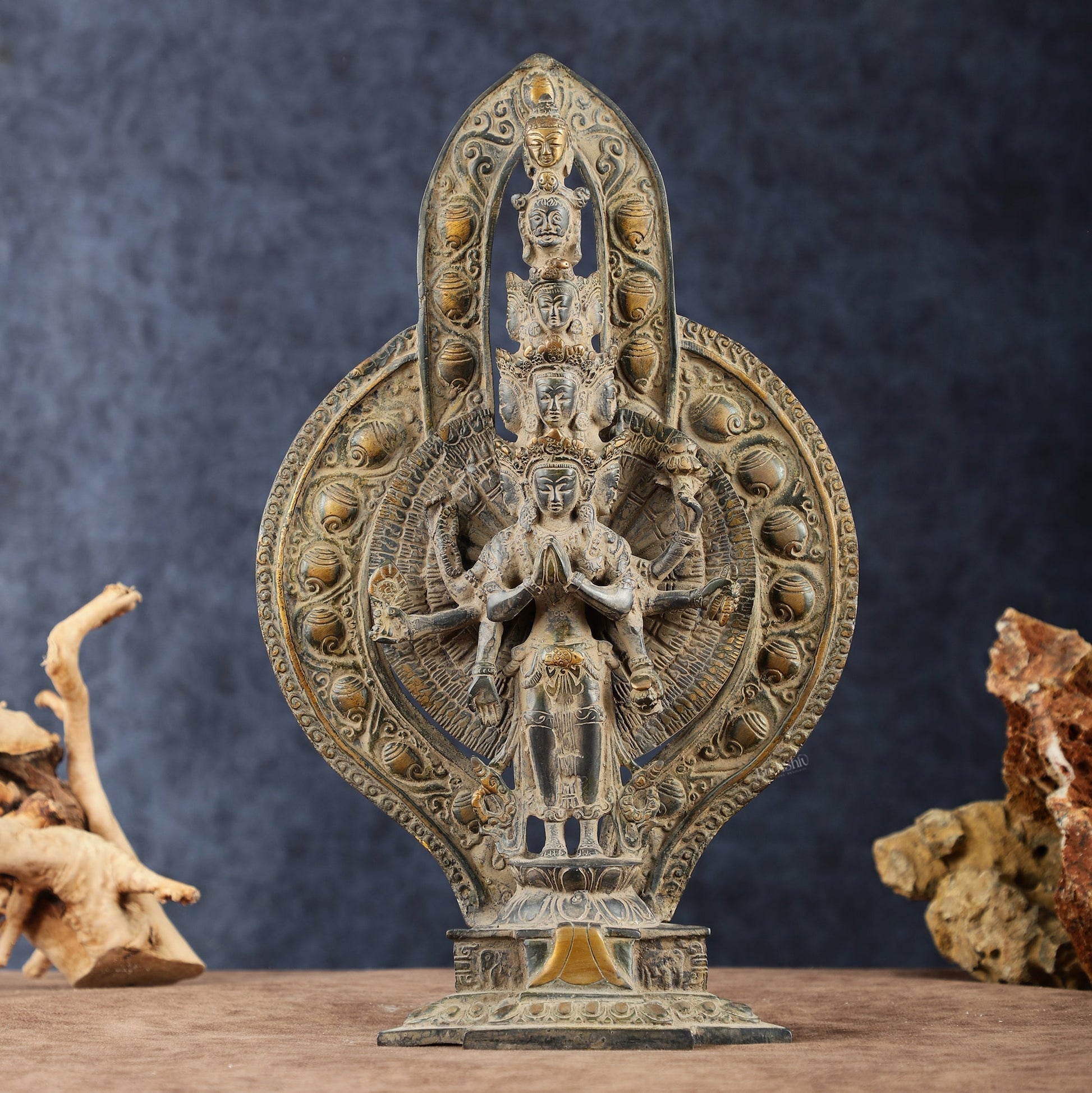 Brass Avlokeswar Sculpture – 14" Height, Vintage Sand Blast Patina, Heat Treated | 100% Certified Copper & Brass - Sama Homes Idol - Brass Sculpture - Eco-friendly - Sama Homes