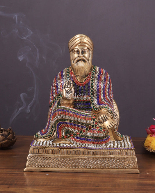 Brass Baba Guru Nanak Dev Ji Statue - Sacred Sikh Religious Sculpture 11 inch jewelled up meenakari | 100% Certified Copper & Brass - Sama Homes Idol - Brass Sculpture