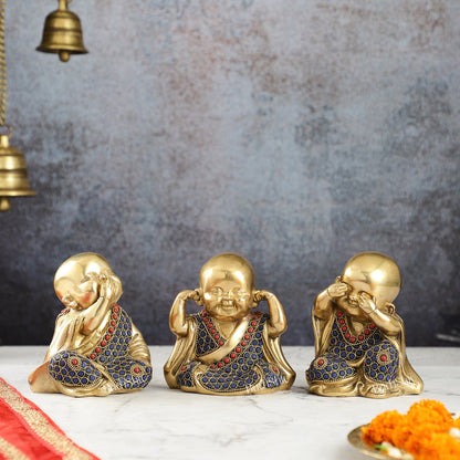 Image of Brass Baby Laughing Buddha Monks 5 inch set of 3 | span Infuse positivity | Premium Brass & Wood Decor | Sama Homes
