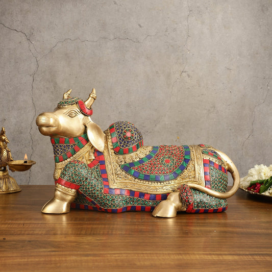 Brass beautiful Nandi Statue with Stonework - 15 inch | 100% Certified Copper & Brass - Sama Homes Idol - Brass Sculpture