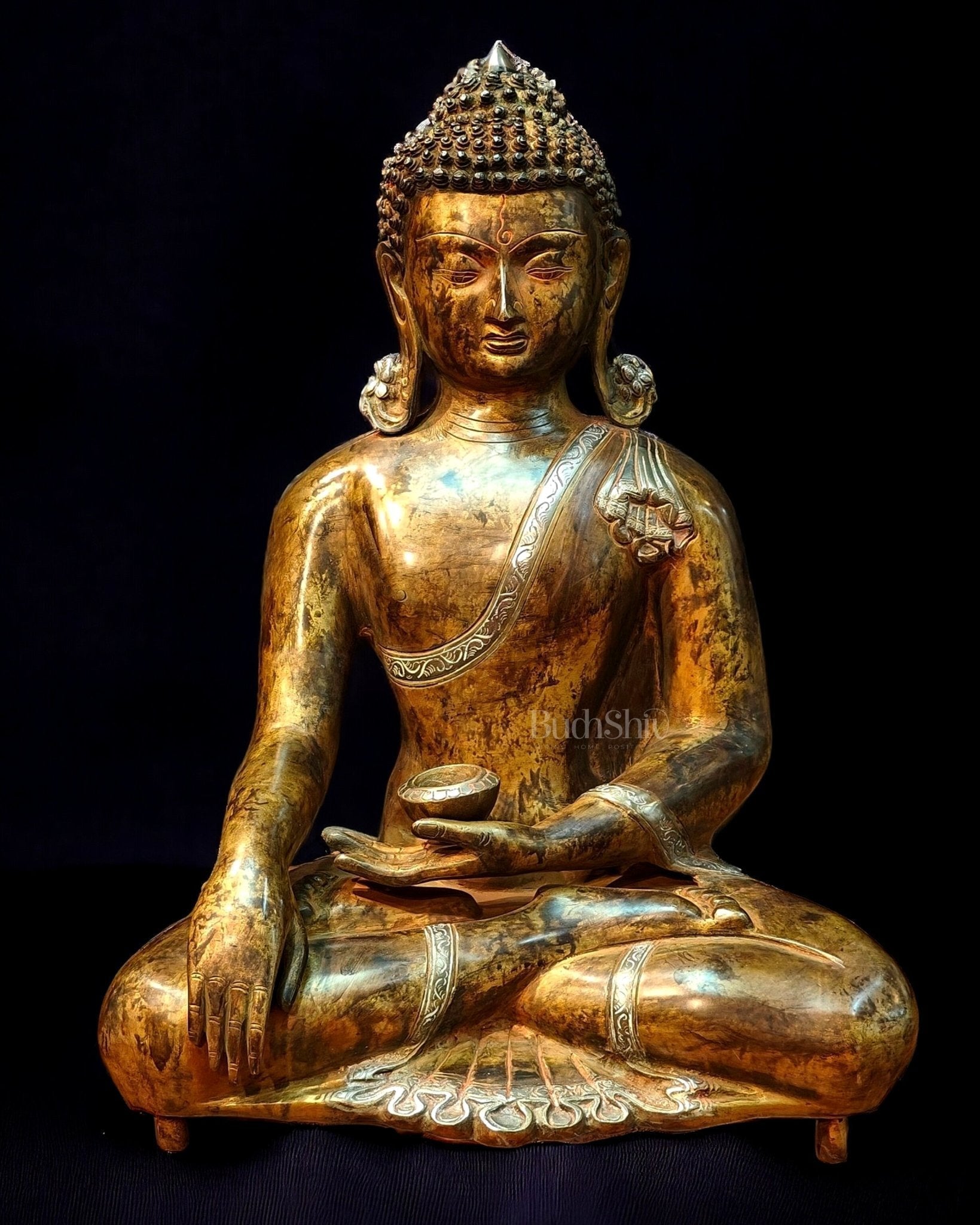 Brass Bhumisparsha Buddha in Nirvana | Super Antique Tone | 21" Height | 16 kg" | 100% Certified Copper & Brass - Sama Homes Idol - Brass Sculpture - Eco-friendly - Sama Homes