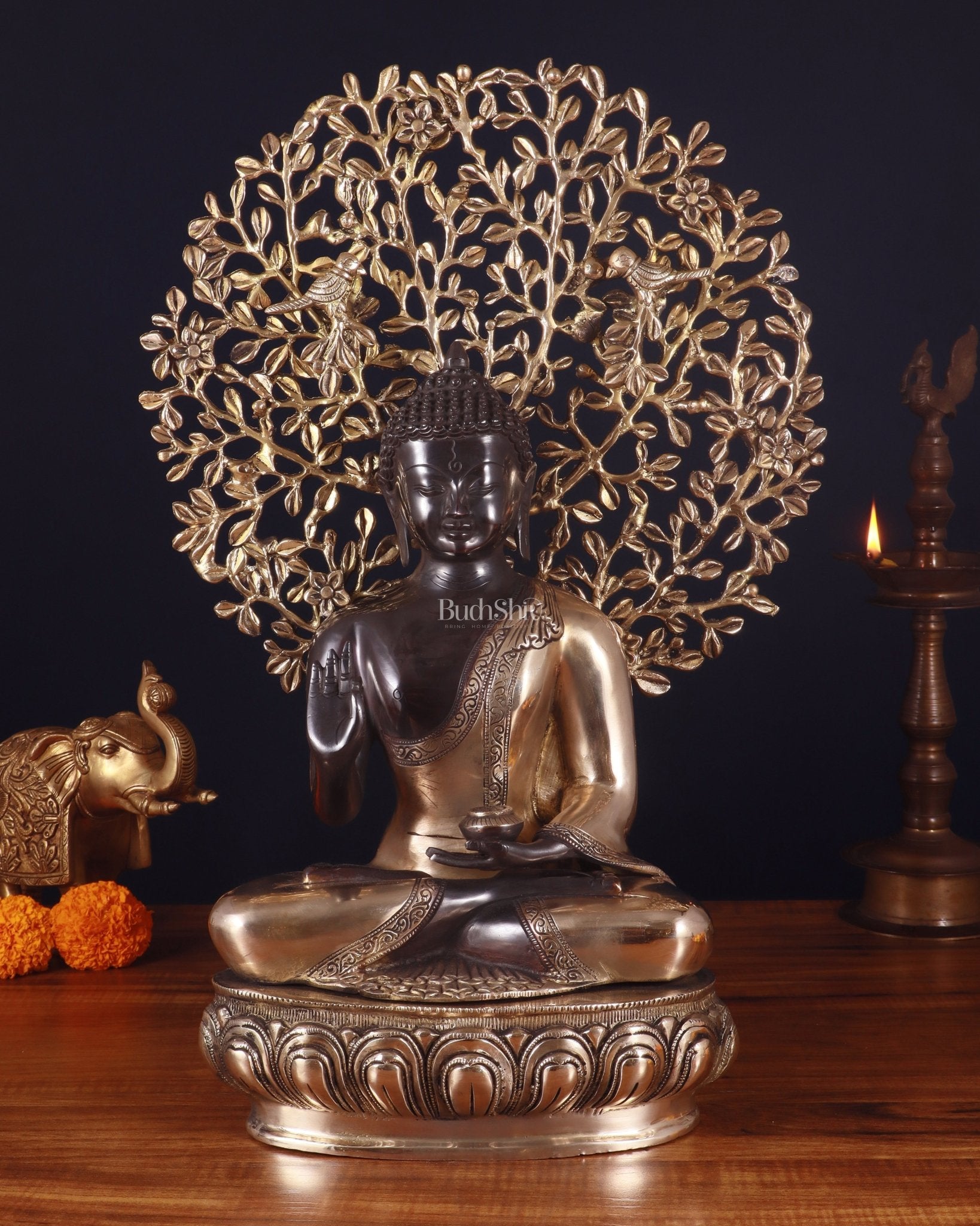 Brass Blessing Buddha with Tree Statue – Black Edition, 20 Inch | 100% Certified Copper & Brass - Sama Homes Idol - Brass Sculpture - Eco-friendly - Sama Homes