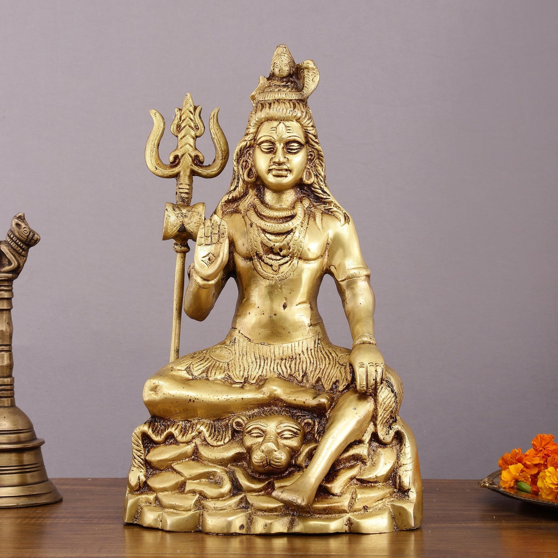 Brass Blessing Lord Shiva Statue - 14" with Elegant Detailing | 100% Certified Copper & Brass - Sama Homes Idol - Brass Sculpture - Eco-friendly - Sama Homes