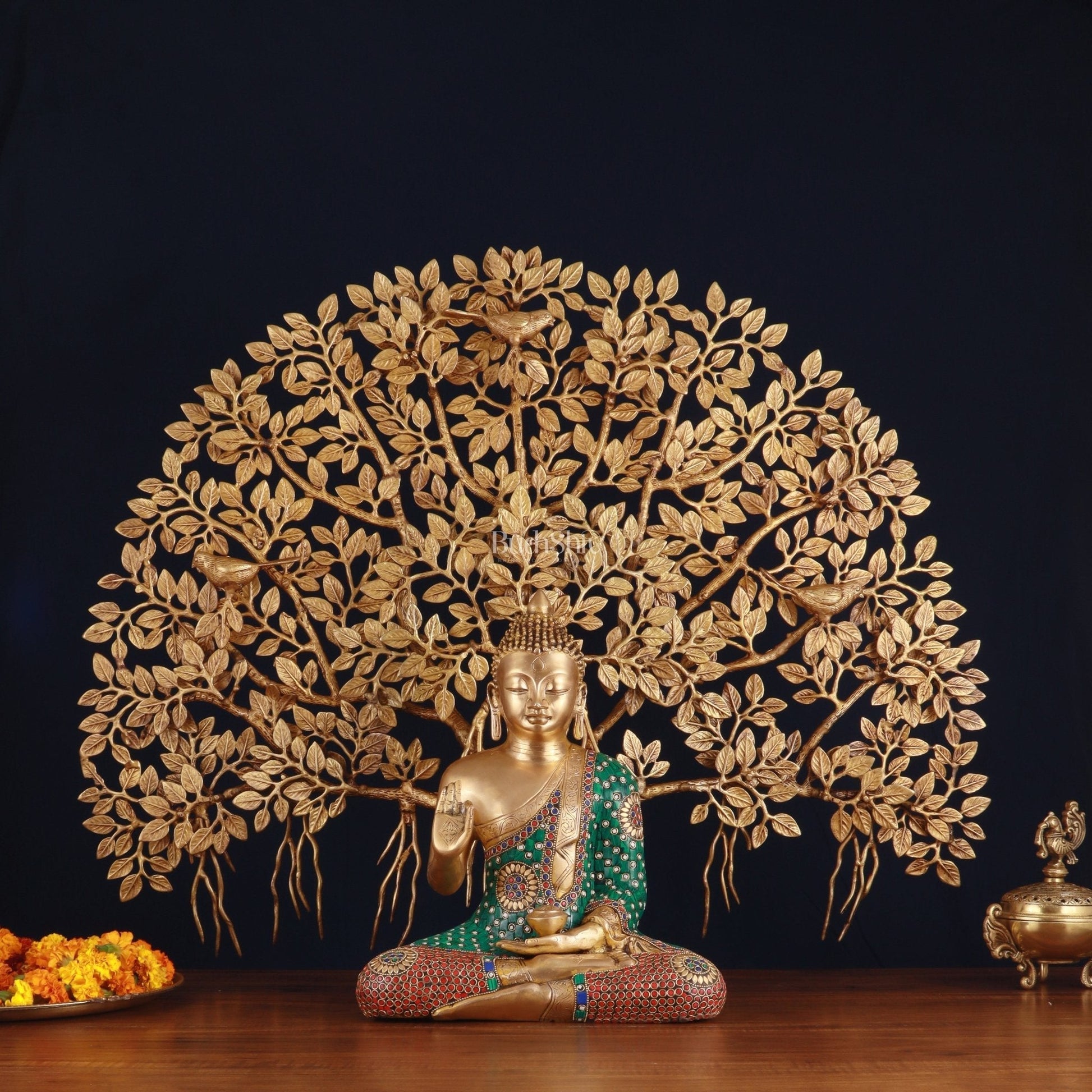 Brass Buddha Abhaya Mudra Statue & Superfine Kalpavriksha Tree – Divine Decor Combo | 100% Certified Copper & Brass - Sama Homes Idol - Brass Sculpture - Eco-friendly - Sama Homes