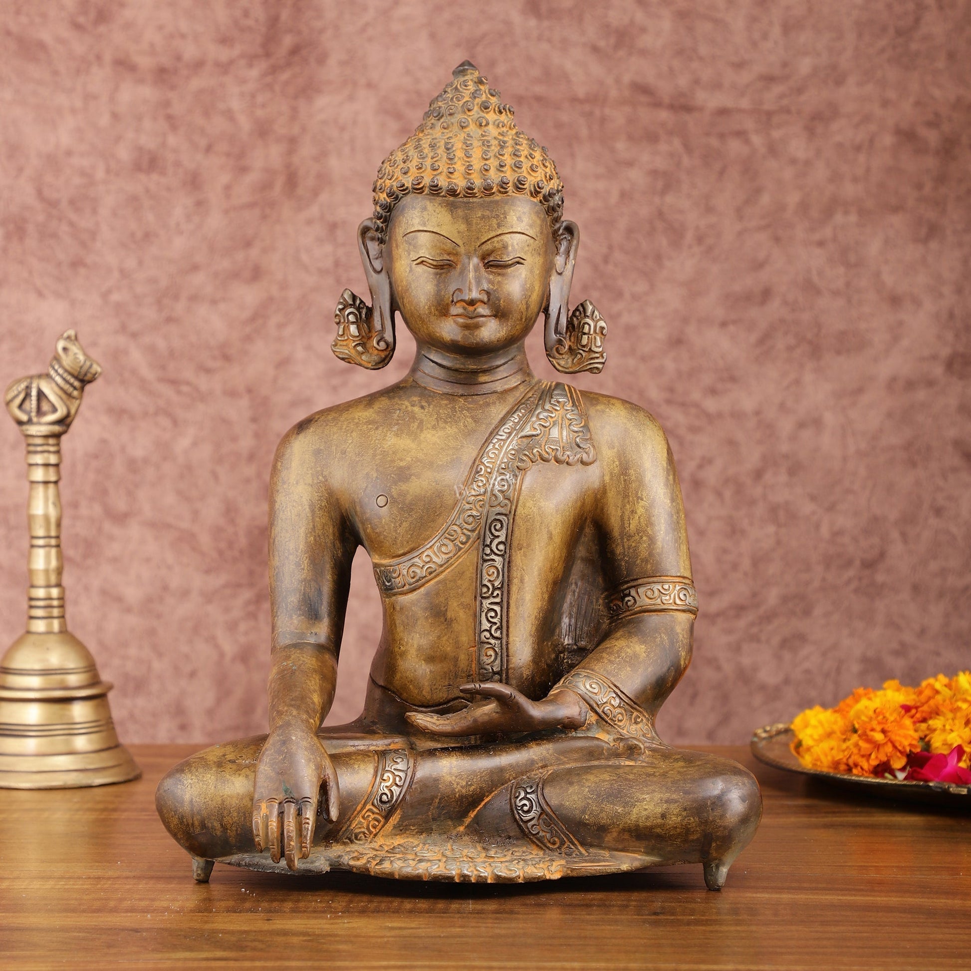 Brass Buddha Bhoomi Sparsha Antique Finish Statue | 14 inch | 100% Certified Copper & Brass - Sama Homes Idol - Brass Sculpture - Eco-friendly - Sama Homes
