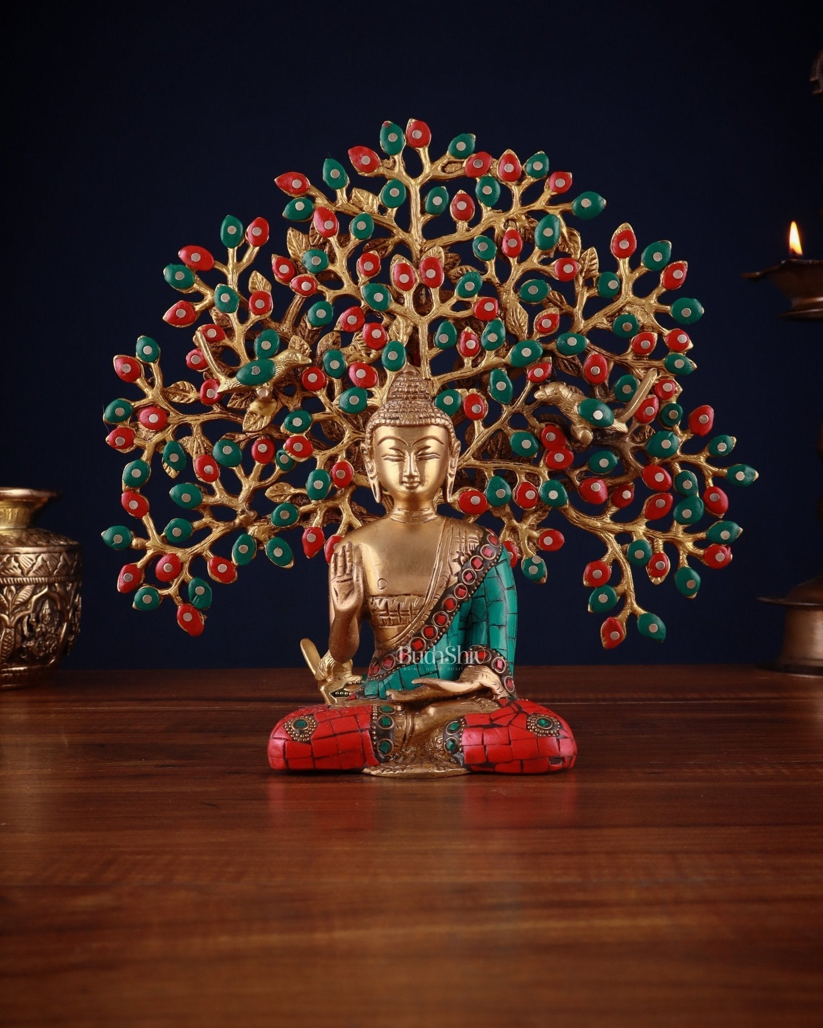 Brass Buddha Blessing Idol & Handcrafted Kalpavriksha Tree | 100% Certified Copper & Brass - Sama Homes Idol - Brass Sculpture - Eco-friendly - Sama Homes