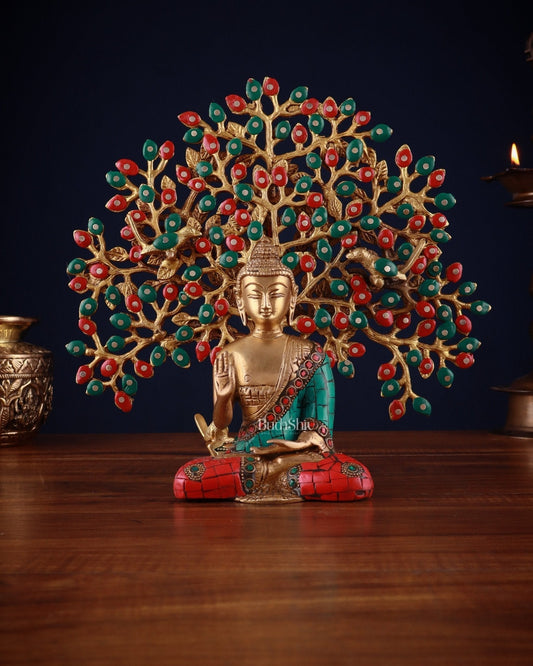 Brass Buddha Blessing Idol & Handcrafted Kalpavriksha Tree | 100% Certified Copper & Brass - Sama Homes Idol - Brass Sculpture