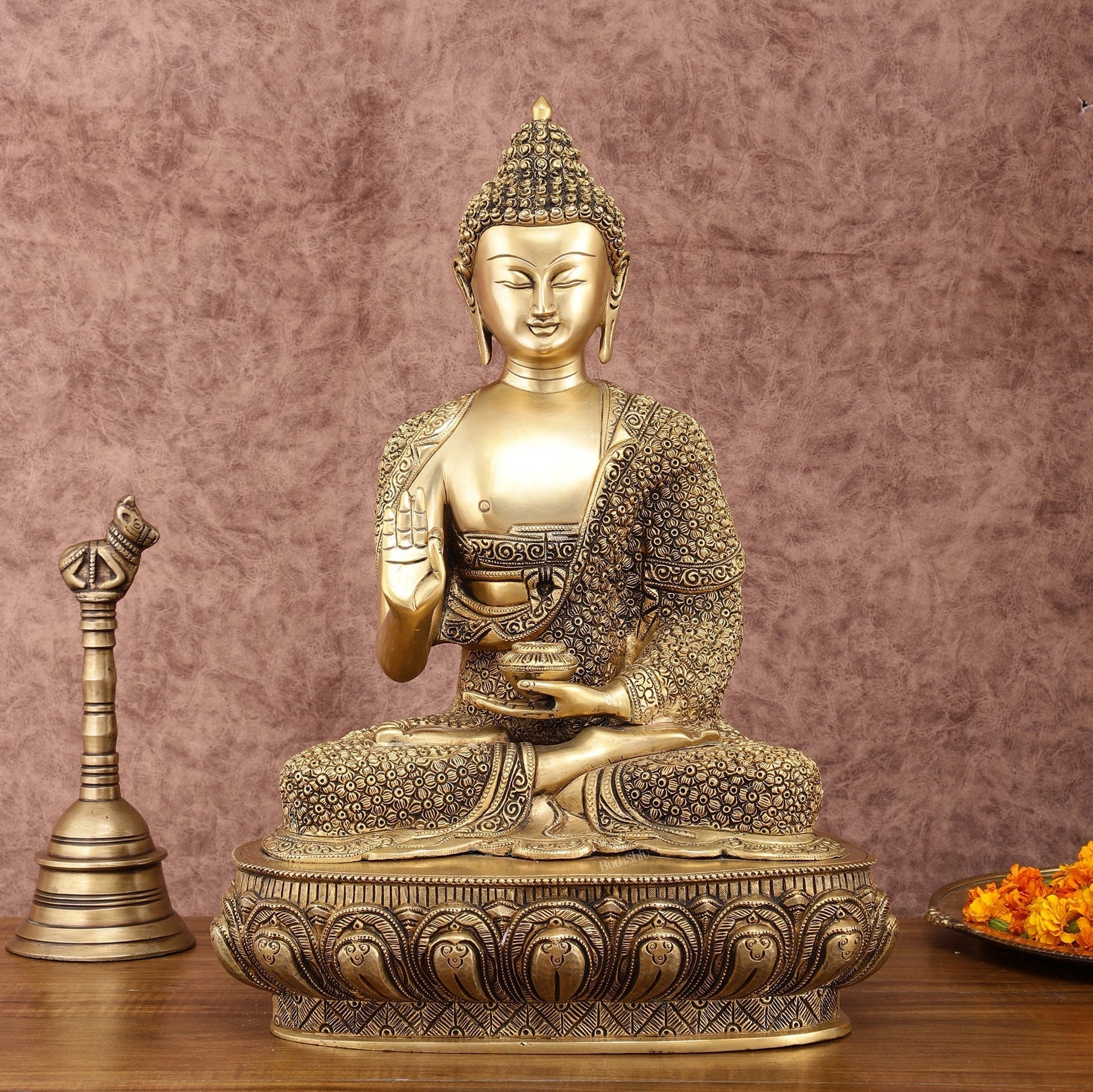 Brass Buddha Blessing Statue 16 inch | 100% Certified Copper & Brass - Sama Homes Idol - Brass Sculpture - Eco-friendly - Sama Homes