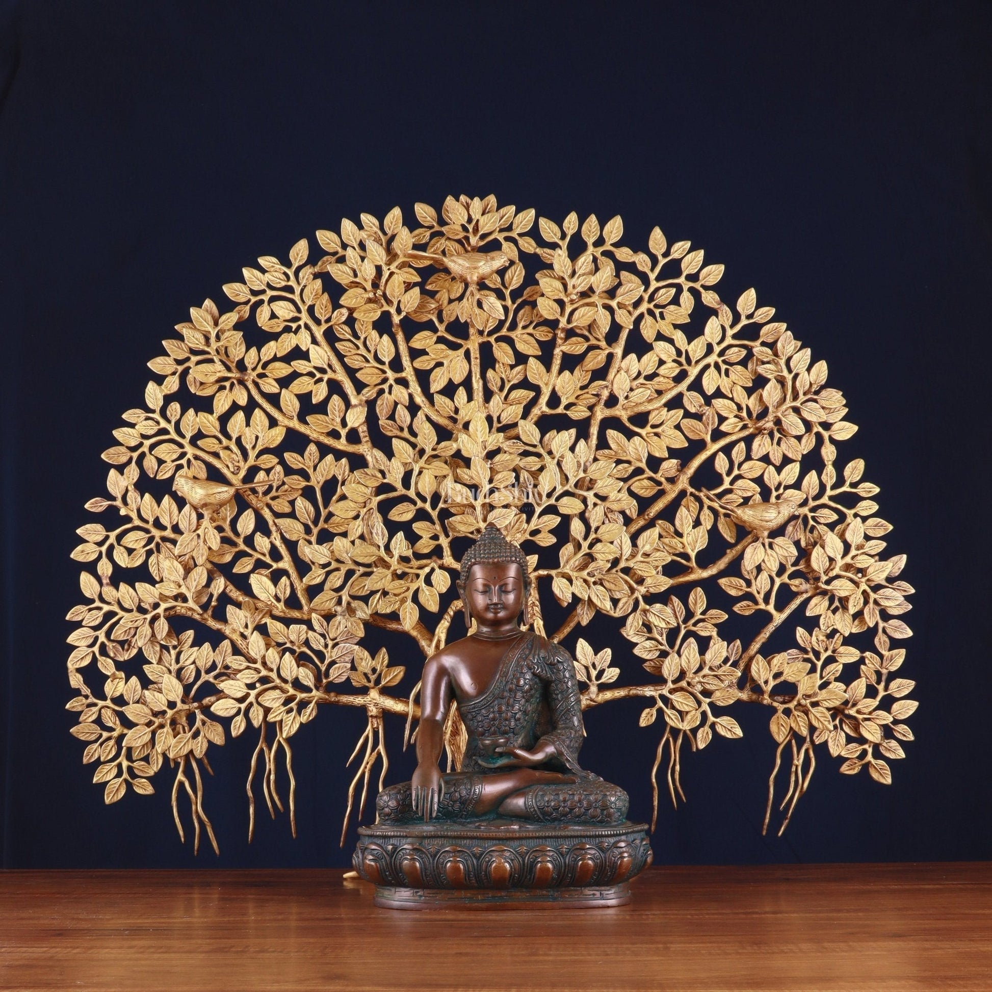 Brass Buddha Blessing Statue & Superfine Kalpavriksha Tree – 29" | 100% Certified Copper & Brass - Sama Homes Idol - Brass Sculpture - Eco-friendly - Sama Homes