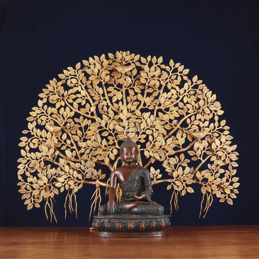 Brass Buddha Blessing Statue & Superfine Kalpavriksha Tree – 29" | 100% Certified Copper & Brass - Sama Homes Idol - Brass Sculpture