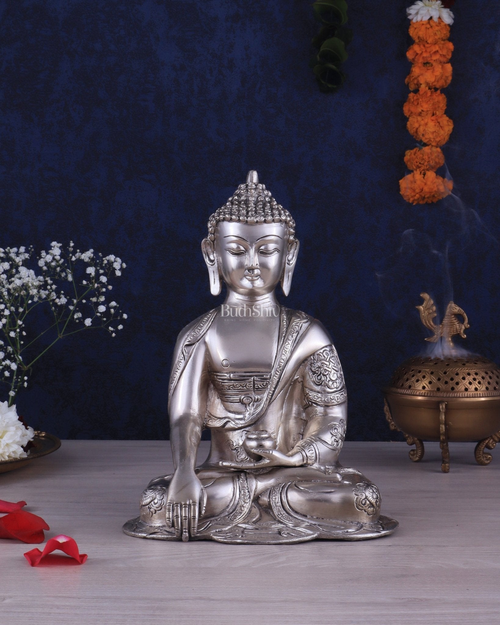 Brass Buddha Idol with Abhaya Mudra - 10 Inch silver plated | 100% Certified Copper & Brass - Sama Homes Idol - Brass Sculpture - Eco-friendly - Sama Homes