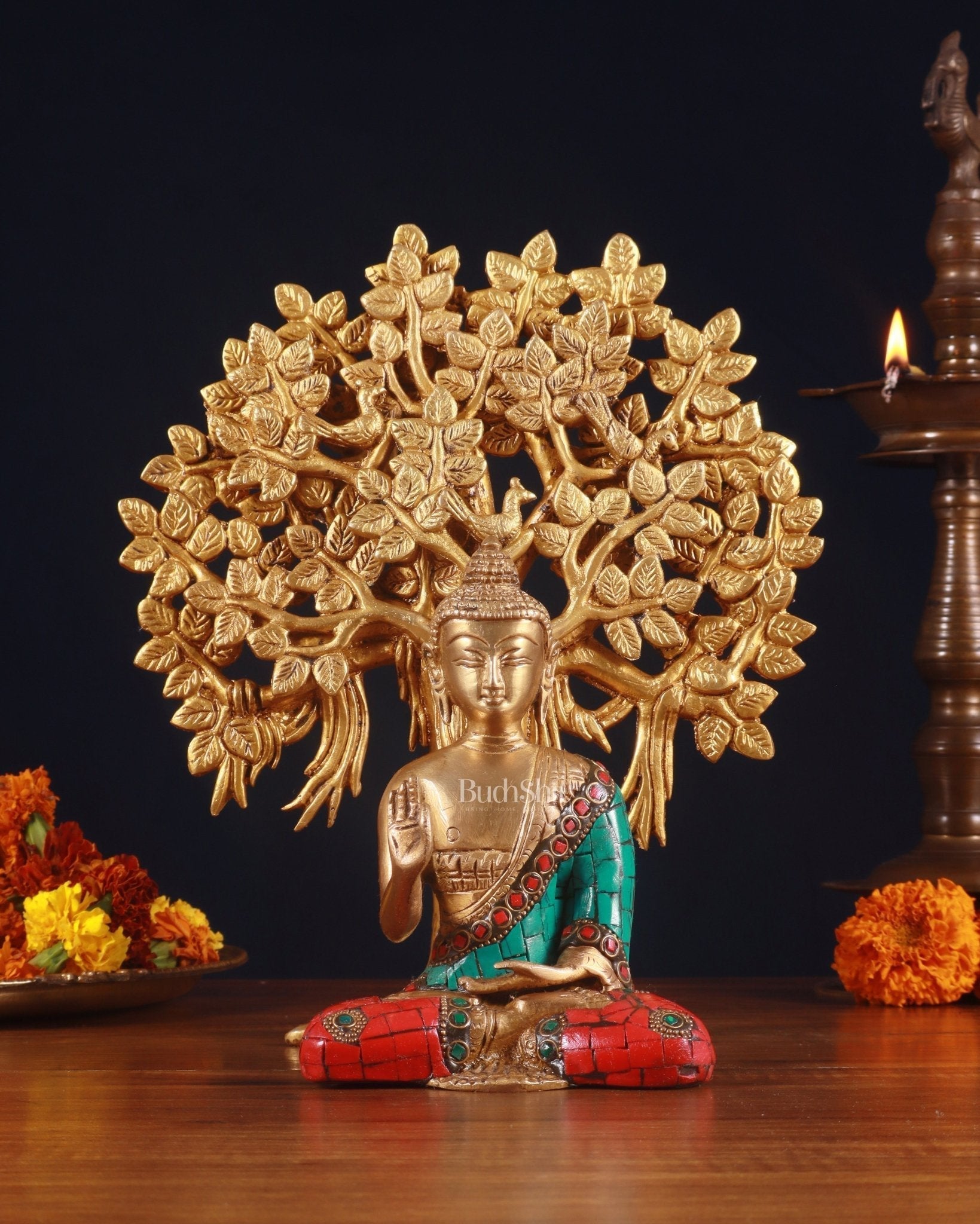 Brass Buddha & Kalpavriksha Tree – Divine Serenity Combo 11" | 100% Certified Copper & Brass - Sama Homes Idol - Brass Sculpture - Eco-friendly - Sama Homes
