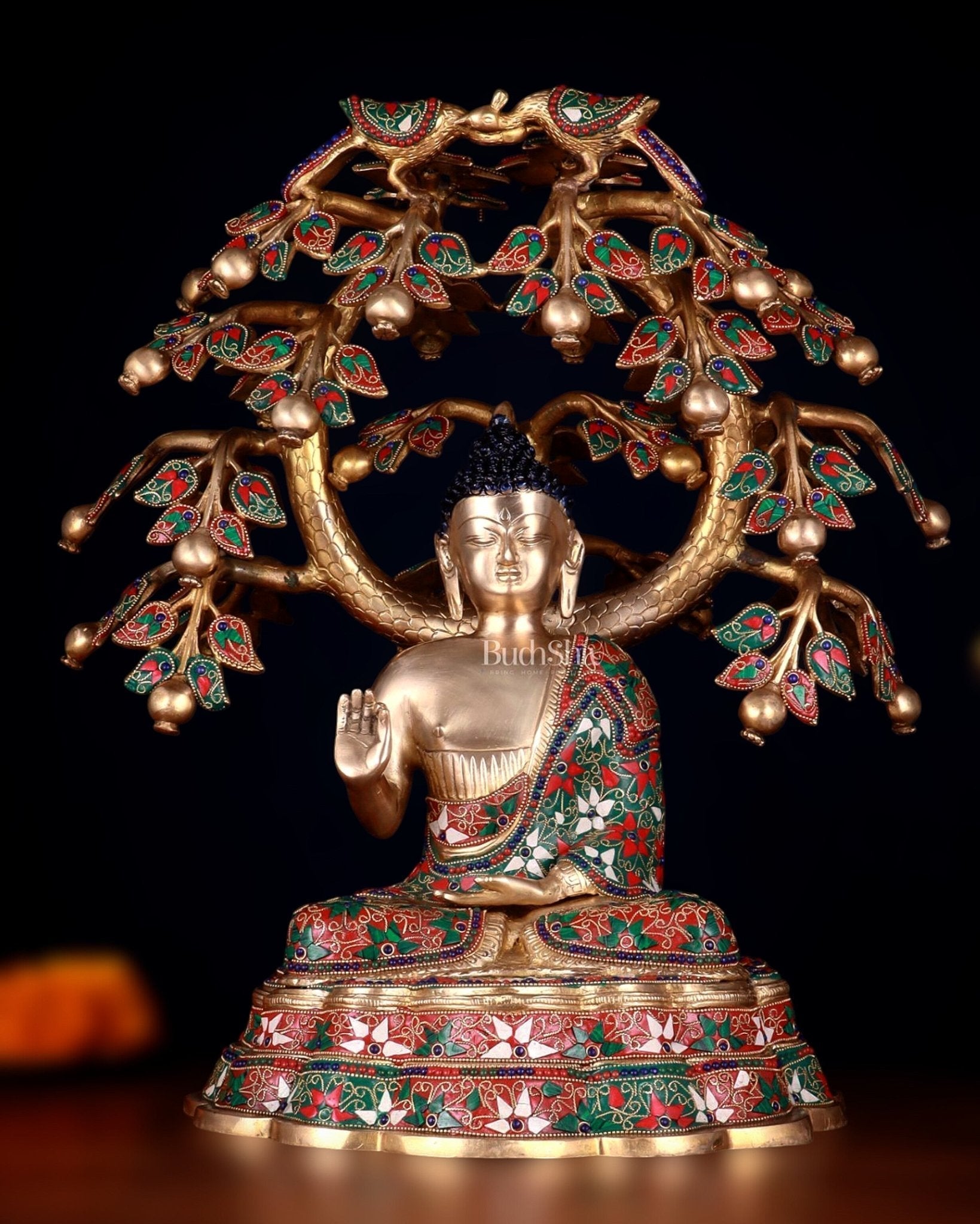 Brass Buddha Sitting Under Tree Statue – Adorned with Natural Stones, 21 Inch | 100% Certified Copper & Brass - Sama Homes Idol - Brass Sculpture - Eco-friendly - Sama Homes