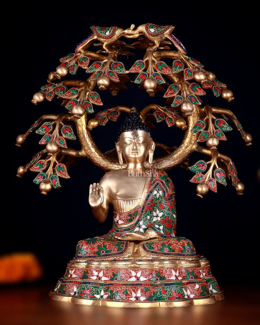 Brass Buddha Sitting Under Tree Statue – Adorned with Natural Stones, 21 Inch | 100% Certified Copper & Brass - Sama Homes Idol - Brass Sculpture