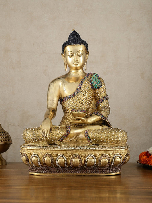 Brass Buddha Statue Bhumisparsha Mudra | 22" Tall | Nepalese inlay | 100% Certified Copper & Brass - Sama Homes Idol - Brass Sculpture