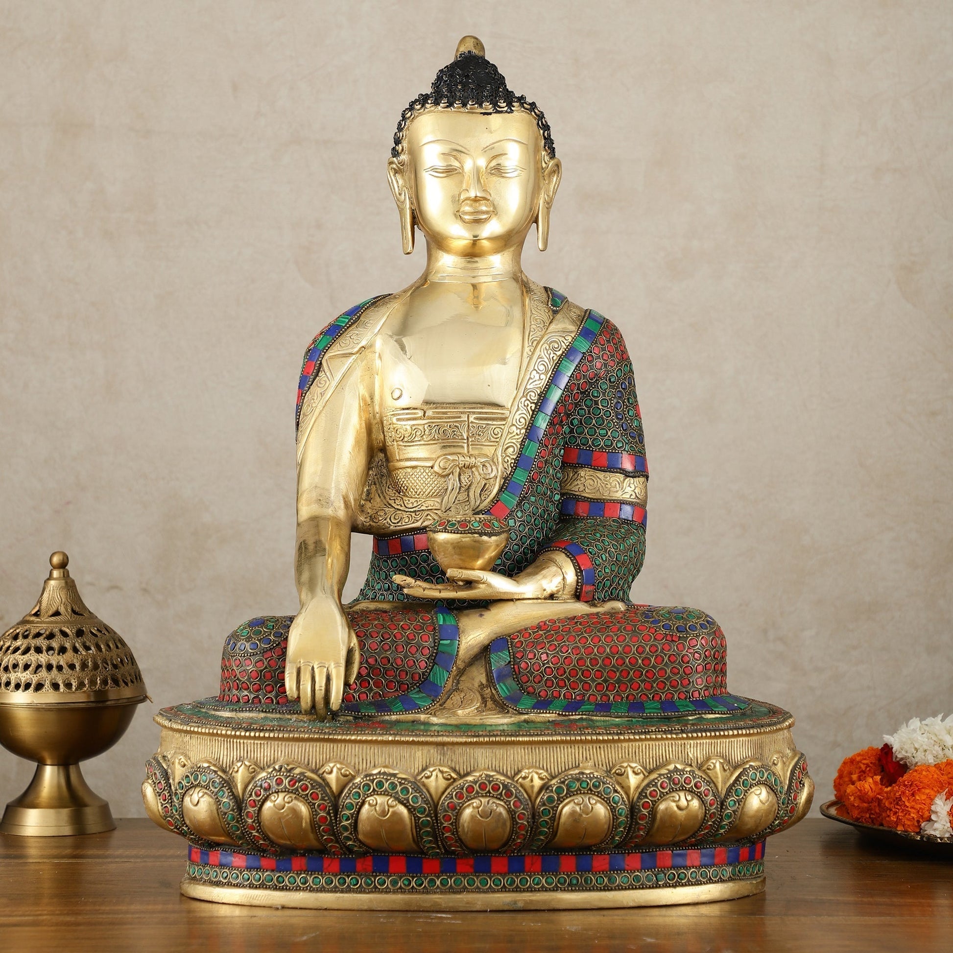 Brass Buddha Statue in Bhoomisparsha Mudra with Medicine Bowl - 21.5 Inch | 100% Certified Copper & Brass - Sama Homes Idol - Brass Sculpture - Eco-friendly - Sama Homes