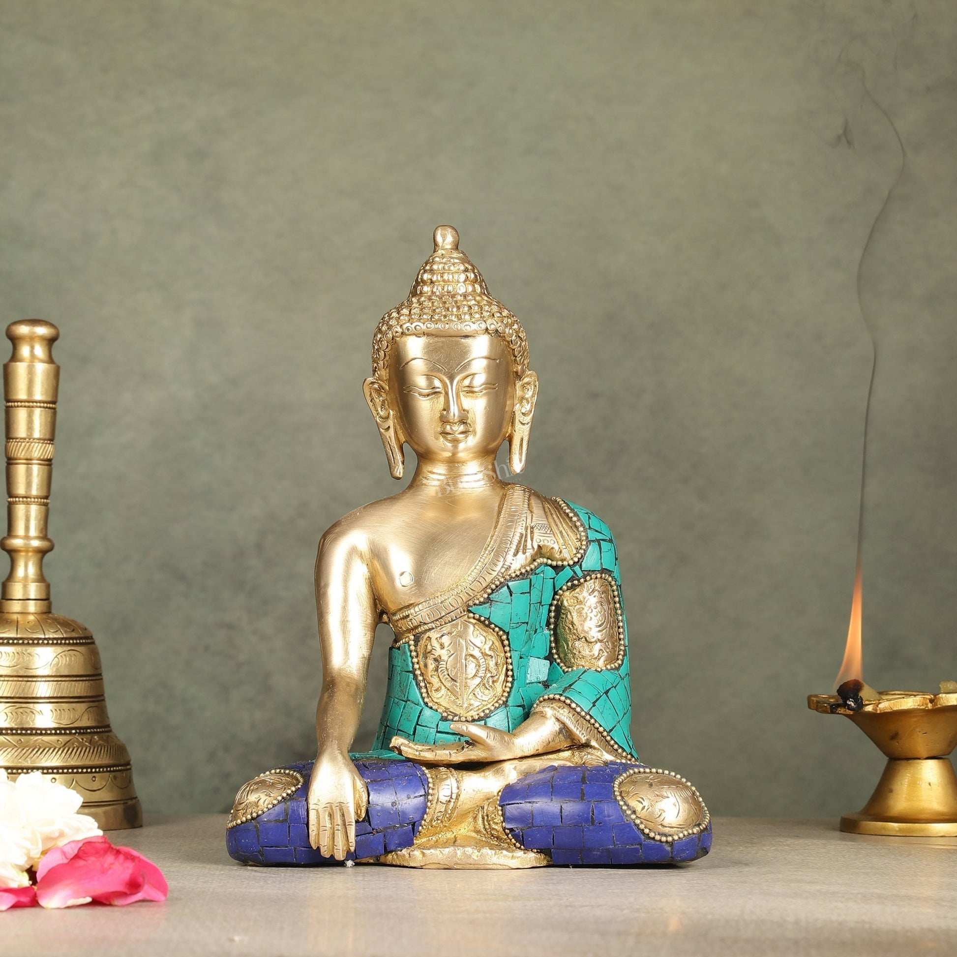 Brass Buddha Statue with Exquisite Stonework 8" | 100% Certified Copper & Brass - Sama Homes Idol - Brass Sculpture - Eco-friendly - Sama Homes