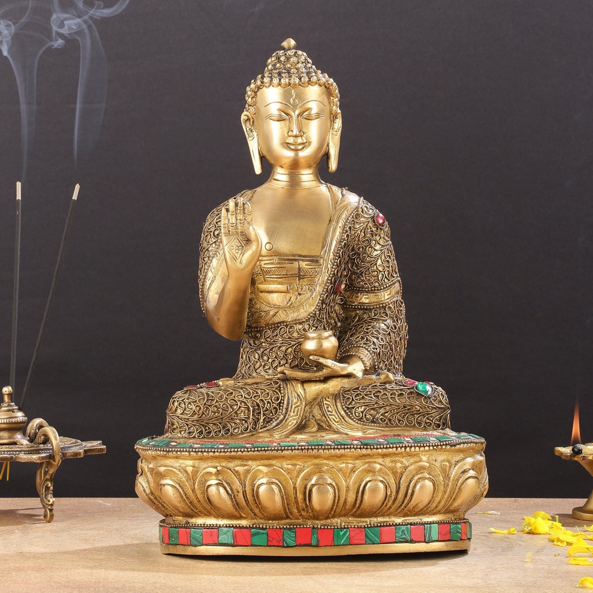 Brass Buddha Statue with Stonework | 12 inch | 100% Certified Copper & Brass - Sama Homes Idol - Brass Sculpture - Eco-friendly - Sama Homes