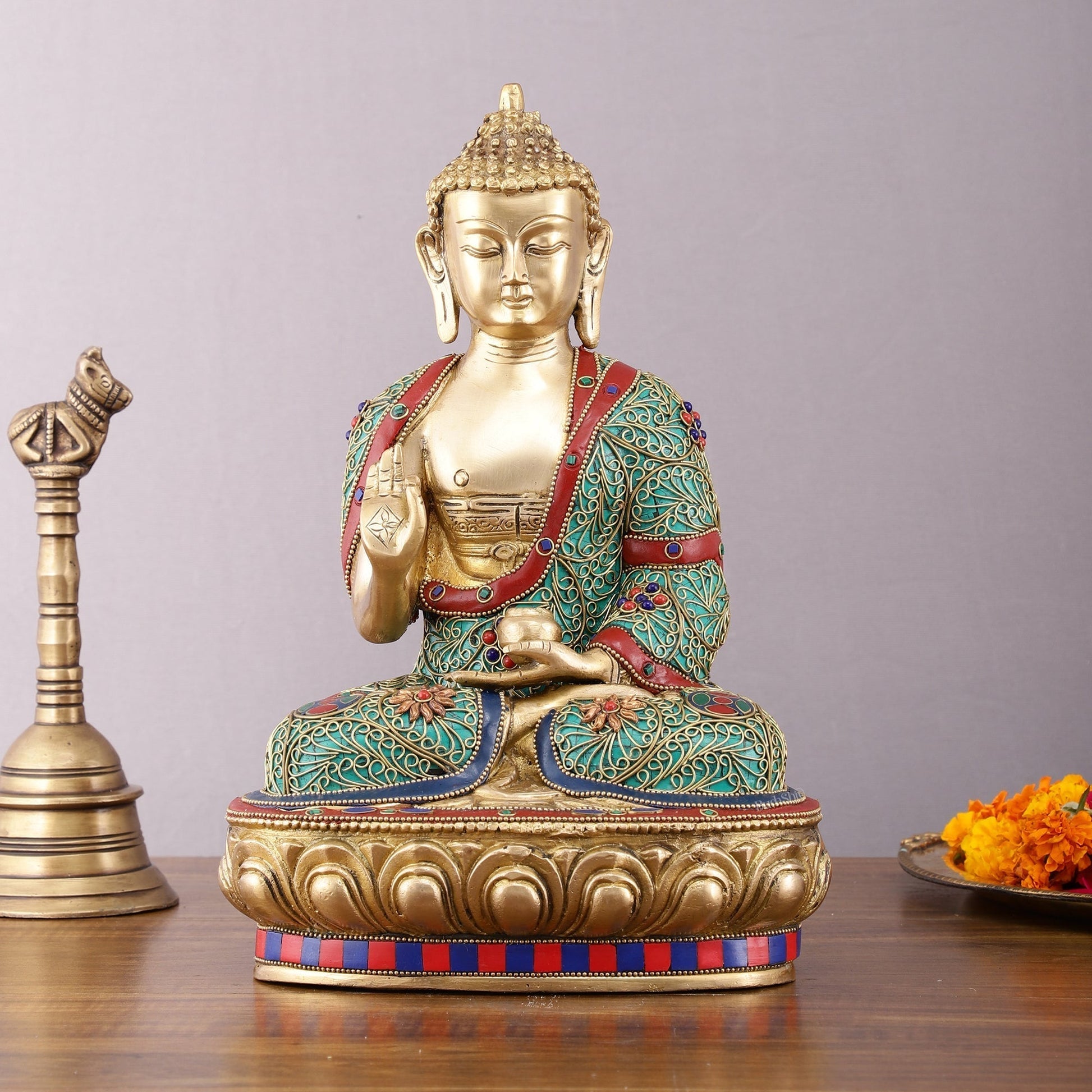 Brass Buddha Statue with Stonework - 12 inch | 100% Certified Copper & Brass - Sama Homes Idol - Brass Sculpture - Eco-friendly - Sama Homes