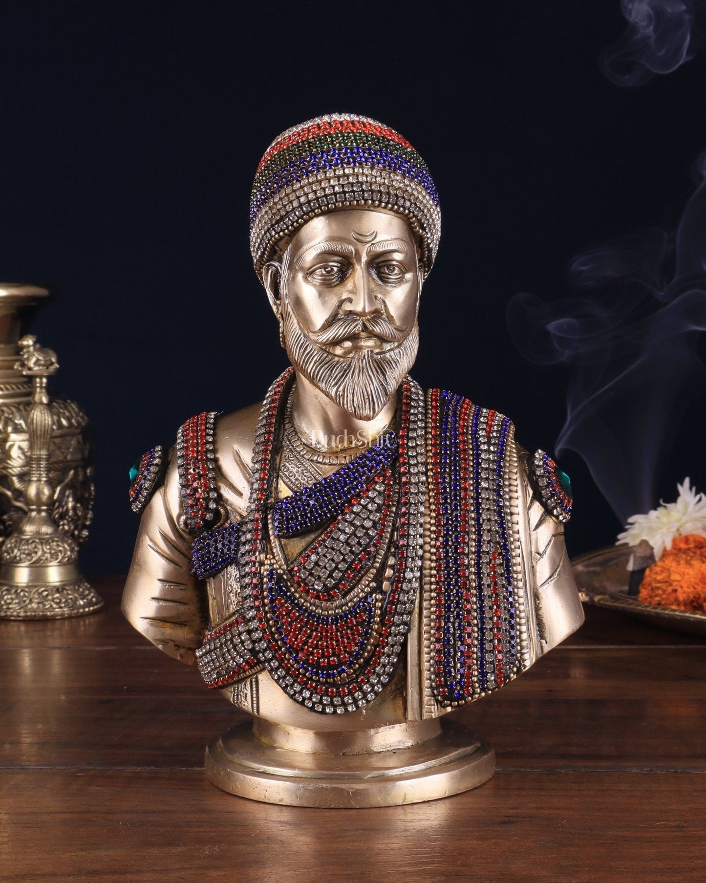 Brass Chatrapati Shivaji Maharaj Bust 8" with unique meenakari | 100% Certified Copper & Brass - Sama Homes Idol - Brass Sculpture