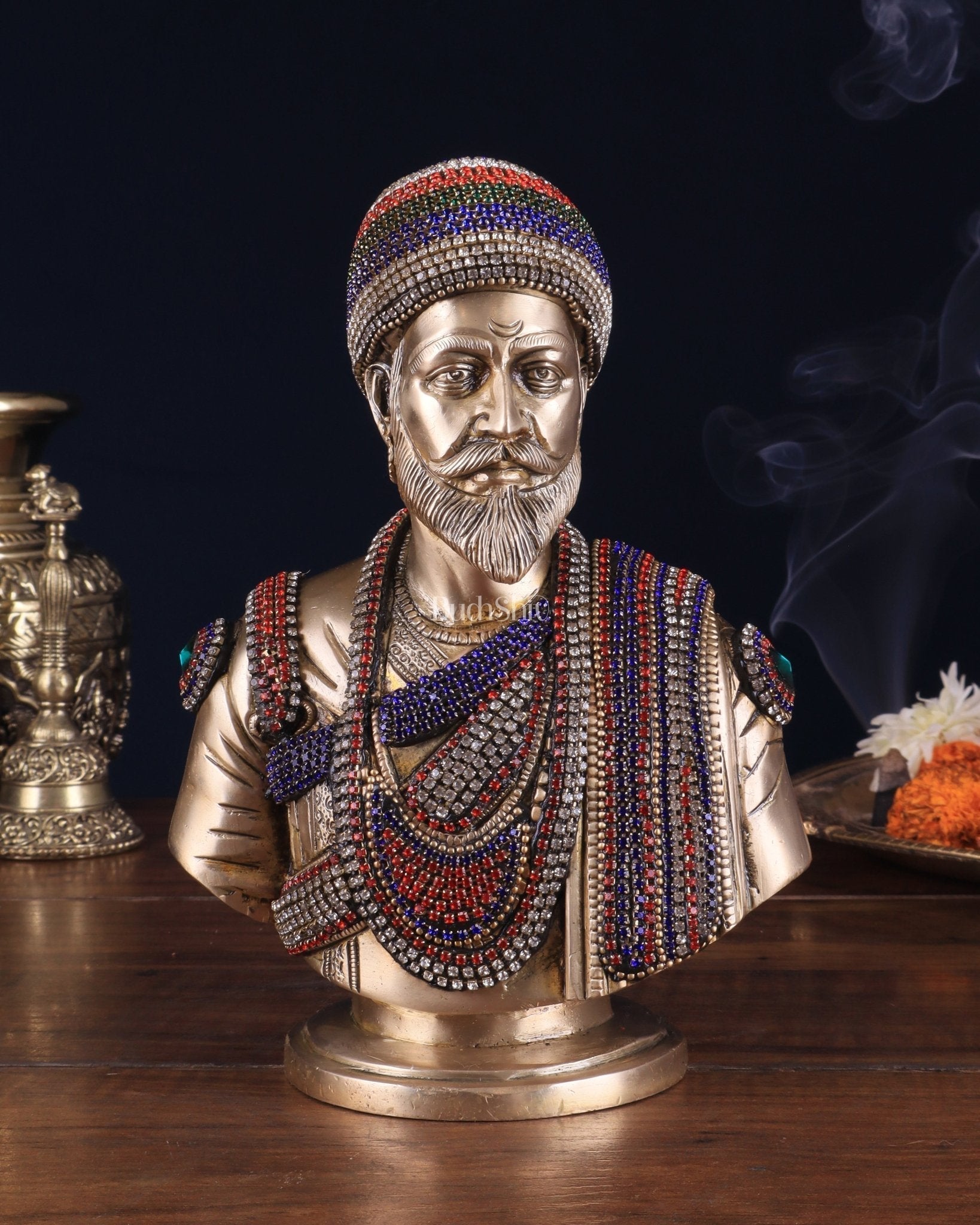 Brass Chatrapati Shivaji Maharaj Bust 8" with unique meenakari | 100% Certified Copper & Brass - Sama Homes Idol - Brass Sculpture - Eco-friendly - Sama Homes