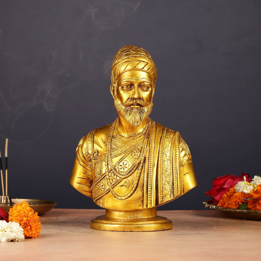 Brass Chatrapati Shivaji Maharaj Bust 8" | 100% Certified Copper & Brass - Sama Homes Idol - Brass Sculpture
