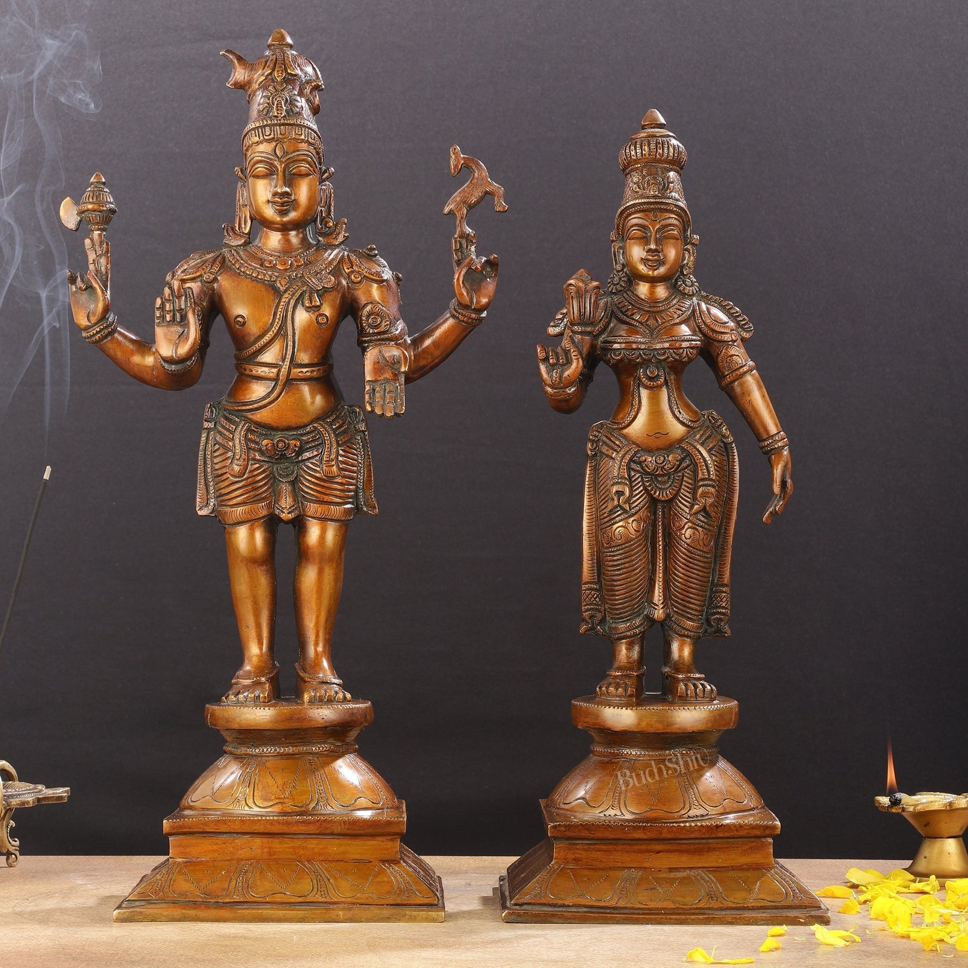 Brass Chola style Lord Shiva and Parvati Idol | 18" Height | 100% Certified Copper & Brass - Sama Homes Idol - Brass Sculpture - Eco-friendly - Sama Homes
