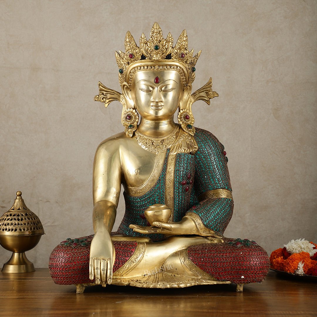 Brass Crown Buddha Statue with Copper Wire Work - 22 Inch | 100% Certified Copper & Brass - Sama Homes Idol - Brass Sculpture