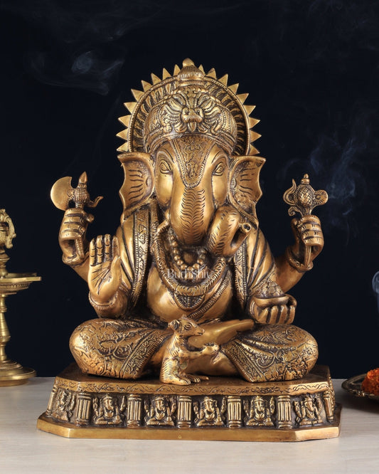 Brass Dagduseth Ganapati Statue – Divine Ganesh Idol (13.5 Inches) | 100% Certified Copper & Brass - Sama Homes Idol - Brass Sculpture
