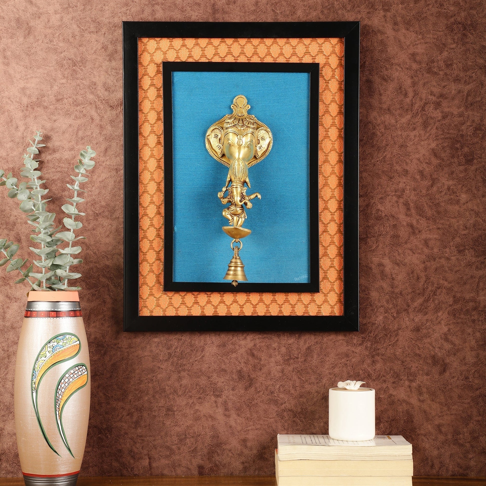 Brass Dancing Ganesha Diya on Wooden Frame with Premium Fabric | 18.5 Inch Wall Hanging | 100% Certified Copper & Brass - Sama Homes Idol - Brass Sculpture - Eco-friendly - Sama Homes