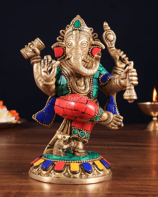 Brass Dancing Ganesha Idol | 6" Height | Meenakari | 100% Certified Copper & Brass - Sama Homes Idol - Brass Sculpture