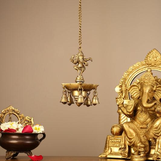 Brass Dancing Ganesha Oil Lamp Vilakku 6 inch lamp | 100% Certified Copper & Brass - Sama Homes Idol - Brass Sculpture