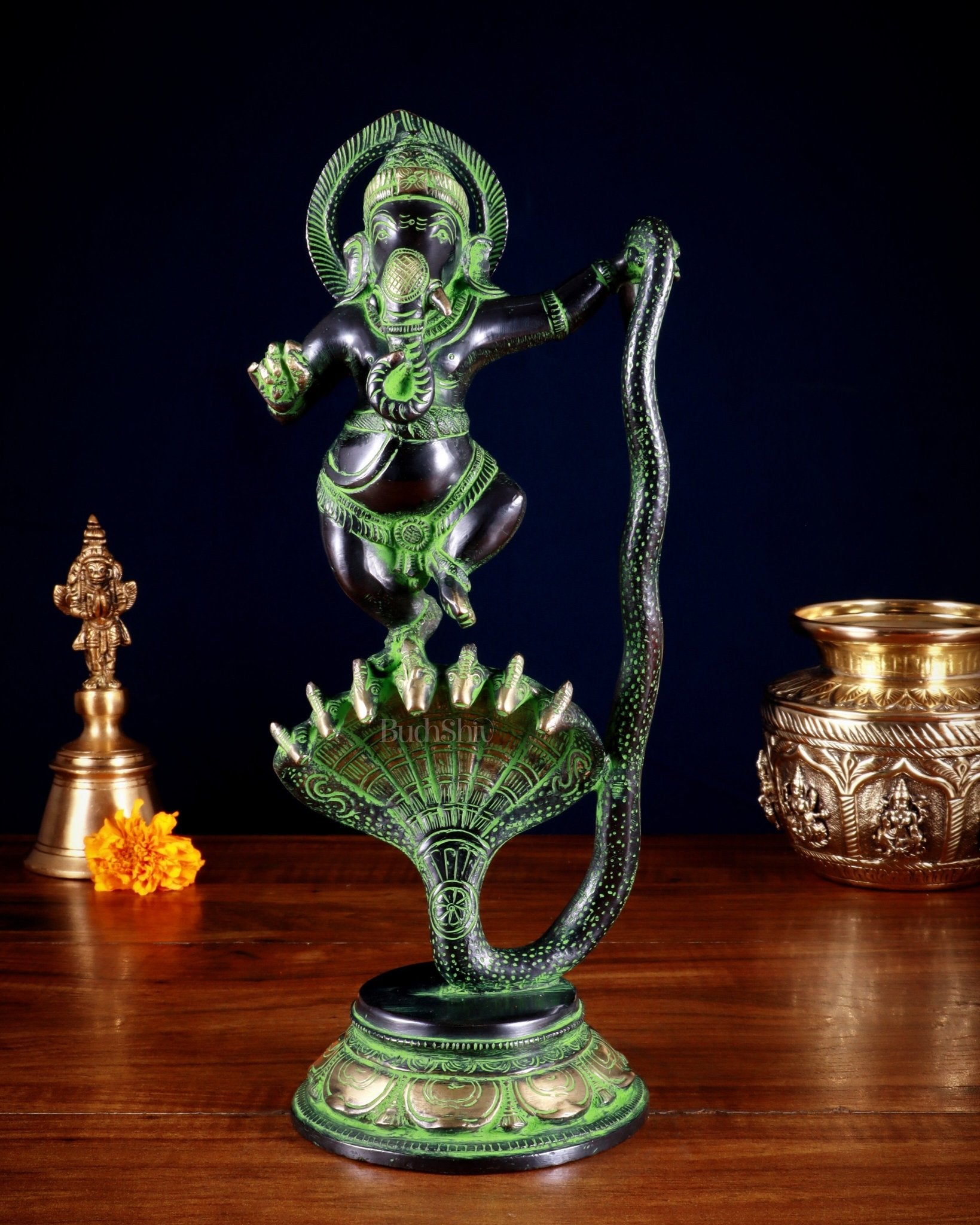 Brass Dancing Ganesha on Sheshanaag – 12” | 100% Certified Copper & Brass - Sama Homes Idol - Brass Sculpture - Eco-friendly - Sama Homes