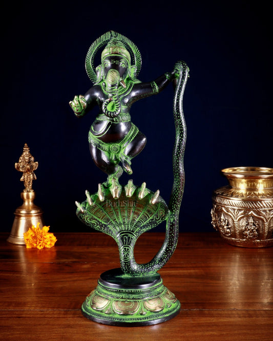 Brass Dancing Ganesha on Sheshanaag – 12” | 100% Certified Copper & Brass - Sama Homes Idol - Brass Sculpture