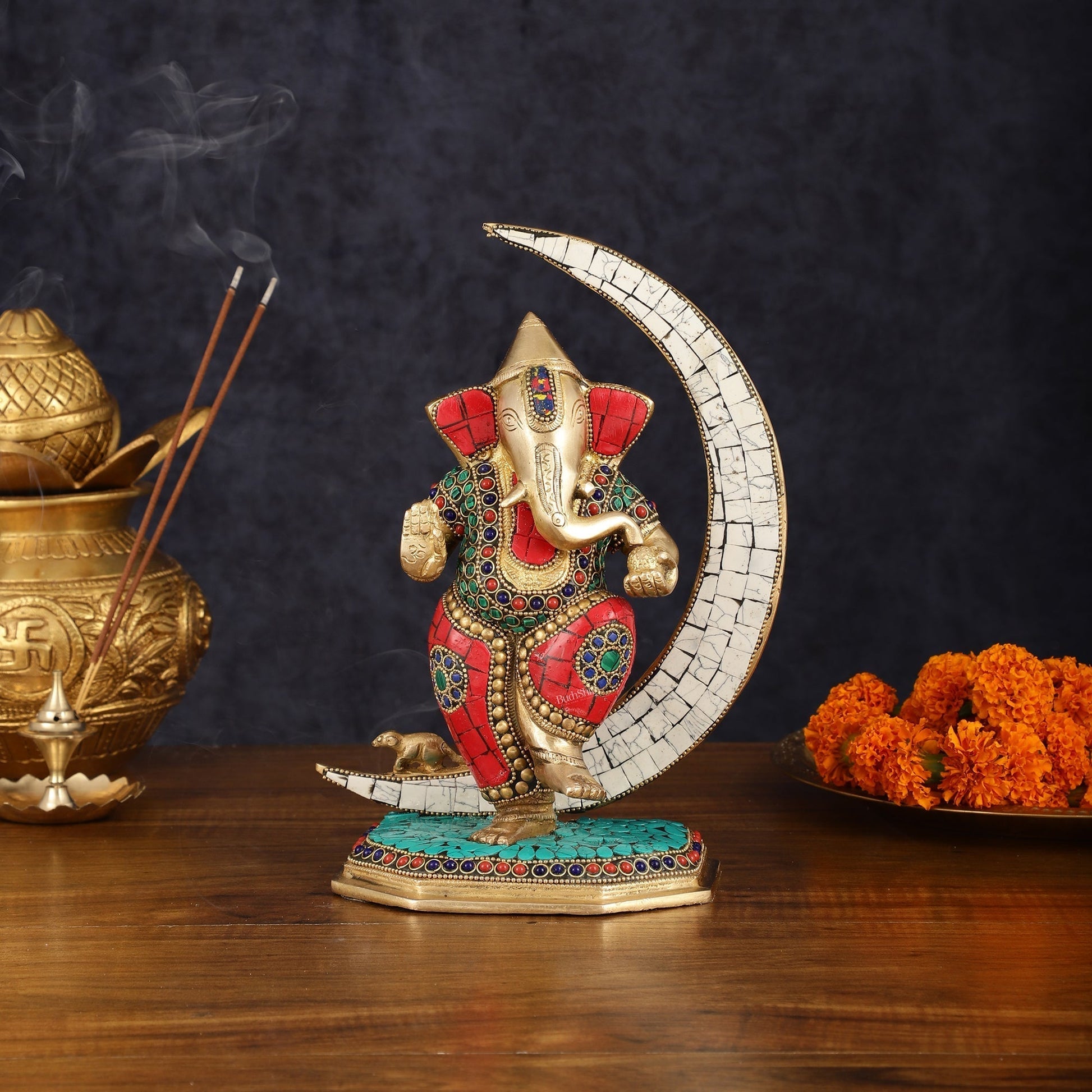 Brass Dancing Ganesha Showpiece with Meenakari Stonework - 10" Height | 100% Certified Copper & Brass - Sama Homes Idol - Brass Sculpture - Eco-friendly - Sama Homes