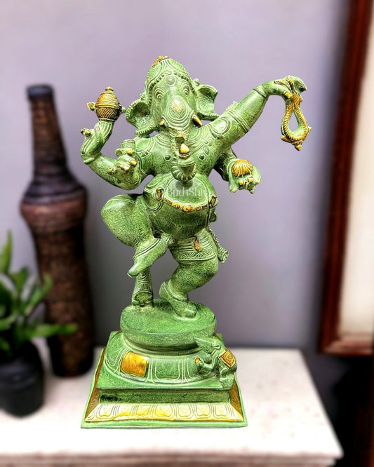 Brass Dancing Ganesha Statue - 17 inch height | 100% Certified Copper & Brass - Sama Homes Idol - Brass Sculpture
